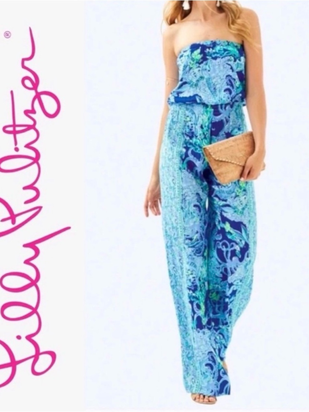 Lilly Pulitzer "Pim" Jumpsuit In Blue Current Sea Sirens, Strapless, Size S, NEW